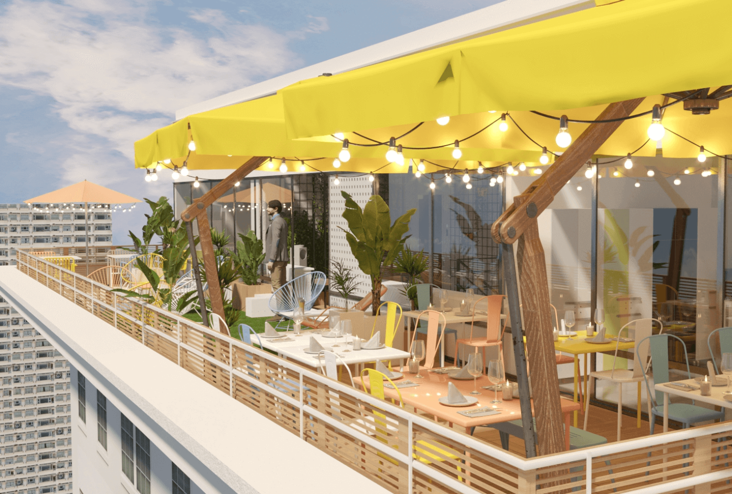 3D patio et terrasse en extérieur lumières et parasols